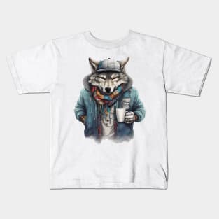 Wolf wearing a jacket holding a cup coffee Kids T-Shirt